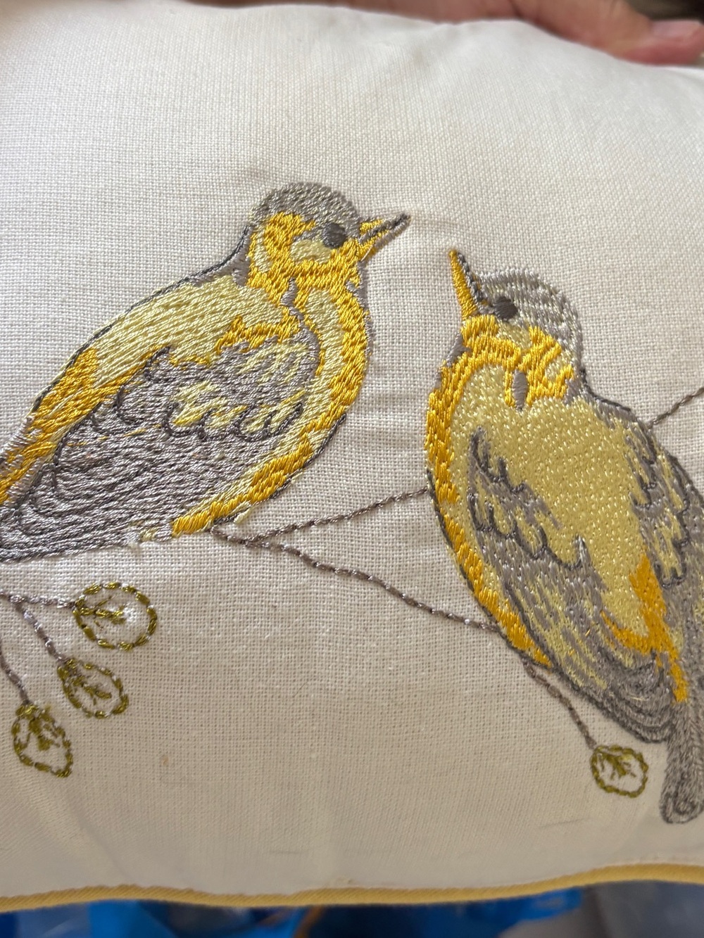 Embroidered Yellow Songbirds Lumbar Throw Pillow Ivory @kimzacca